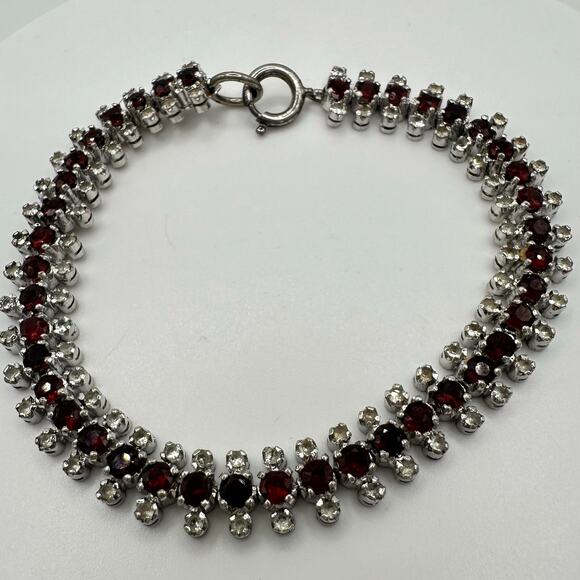Vintage 925 sterling silver genuine garnets clear quartz tennis bracelet 18.07g - Picture 3 of 10